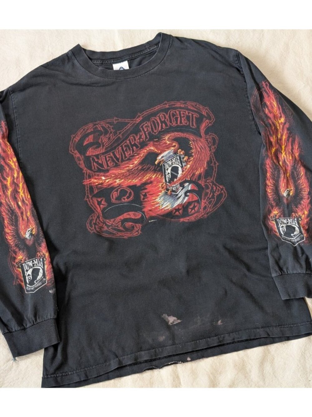 Vintage Flame Sleeve POW Biker Grunge Faded Black Cotton Long Sleeve Tee Y2K L